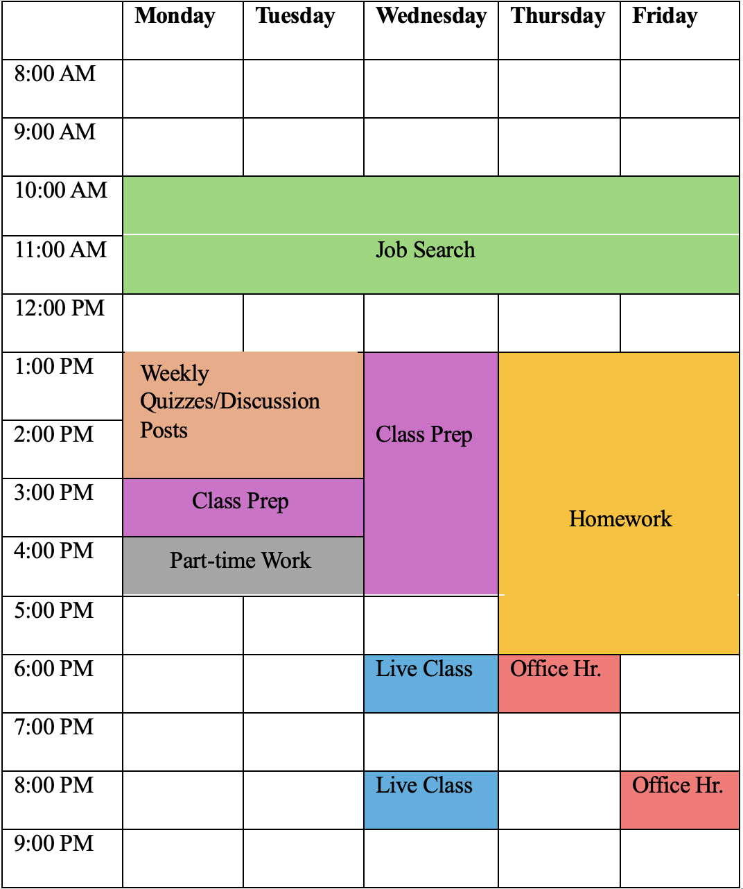 color coded table of weekly schedule by date and hour