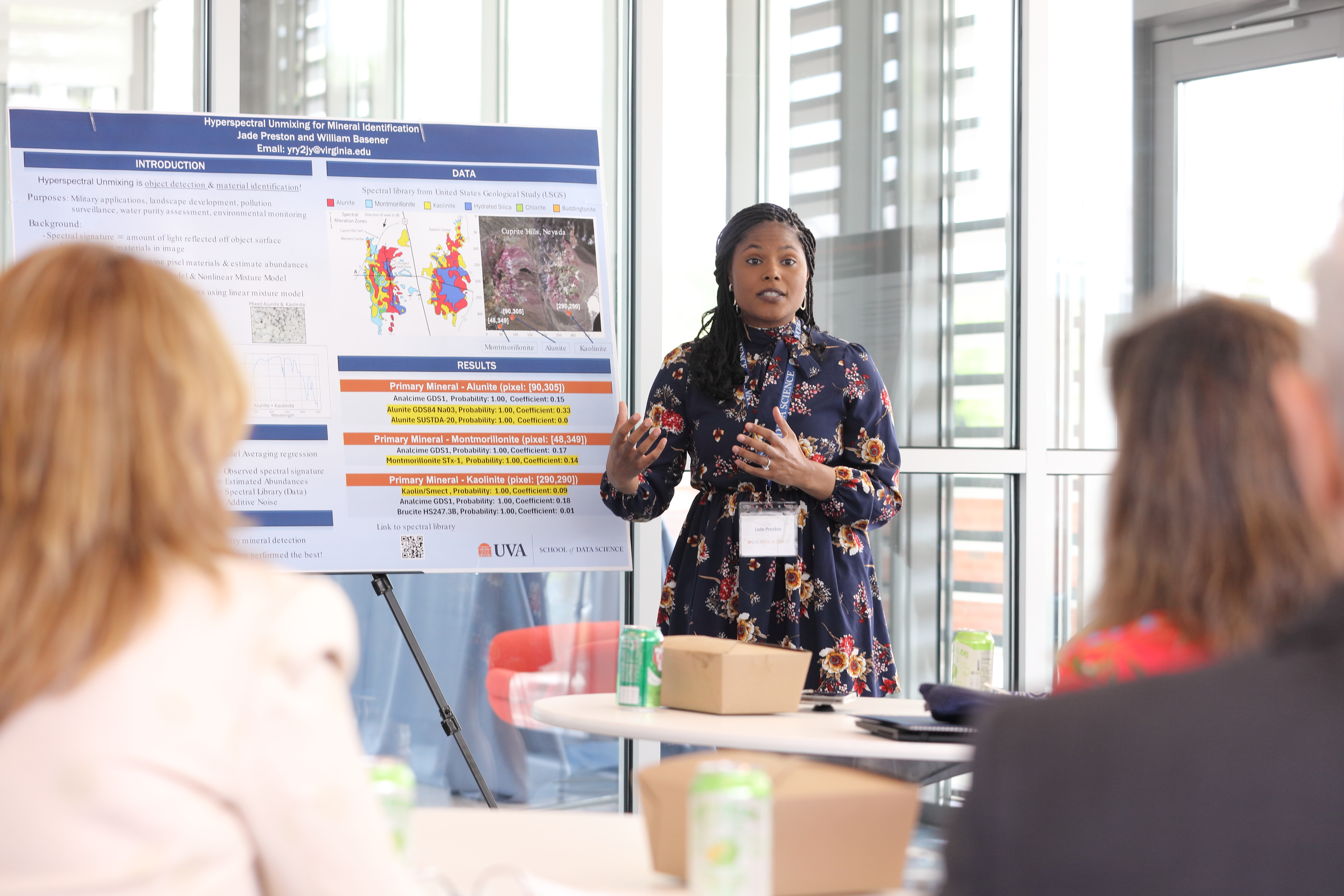 UVA Data Science PhD Jade Preston delivers a poster presentation at the School of Data Science grand opening