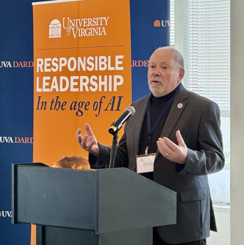 Phil Bourne, founding dean of UVA's School of Data Science, delivers opening remarks. 