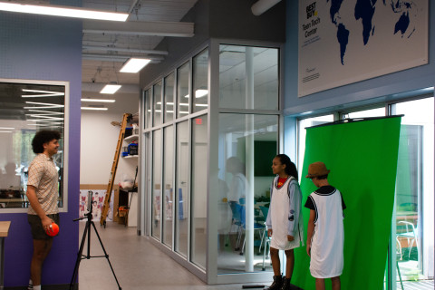 The C4K clubhouse where students experimented with a green screen.