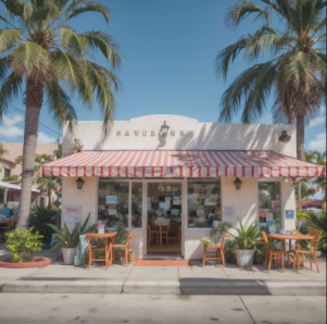 Small California restaurant with outside seating, awning and palm trees