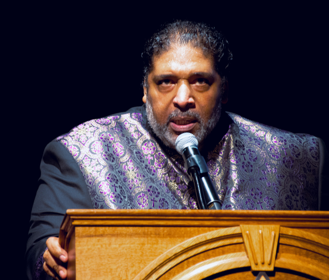 Rev. Dr. William J. Barber II delivers his keynote speech at Charlottesville’s Paramount Theatre.