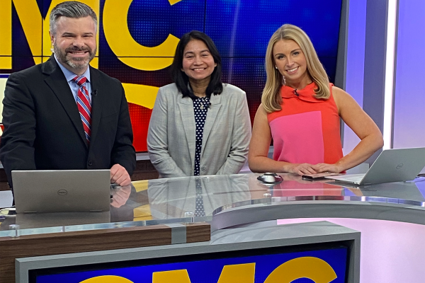 Data science professor Farhana Faruqe on CBS19 new set with anchors