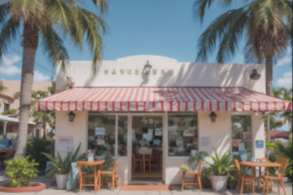 Small California restaurant with outside seating, awning and palm trees