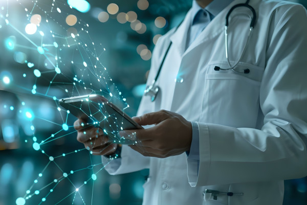 Image of a health care professional holding a connected device with graphics illustrating data emanating from the device.
