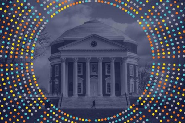 Image of the UVA Rotunda under a blue filter surround by a multicolored data burst.