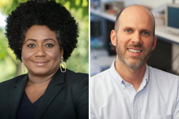 Split image of two individuals. On the left, Renée Cummings a woman in a black blazer smiles softly outdoors. On the right,  Jonathan L. Goodall a man in a striped shirt smiles in an office.