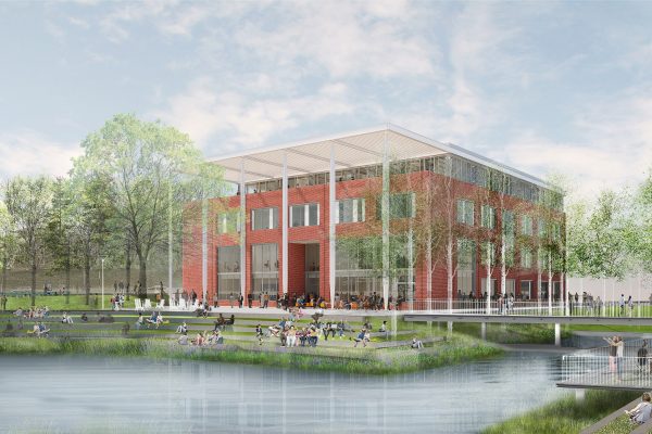 Rendering of Data Science building, a modern red-brick building with large windows is surrounded by lush trees and a pond. People relax on the grass and walk by the water under a clear sky