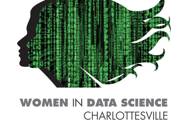 Silhouette of a woman's head with flowing hair formed by green binary code. Below, text reads "Women in Data Science Charlottesville" in bold.