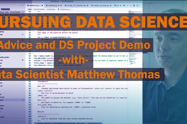 Alumni Matt Thomas at computer. Text reads: Pursuing Data Science: Advice and DS Project Demo with Data Scientist Matthew Thomas