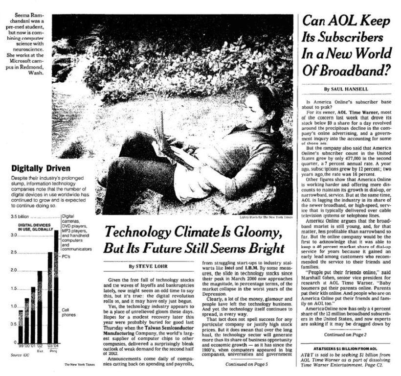 Newspaper article titled "Can AOL Keep Its Subscribers In Age of Broadband?" discussing the decrease in America Online's (AOL) dial-up subscriber base and the impact of broadband technology on the company's future. 