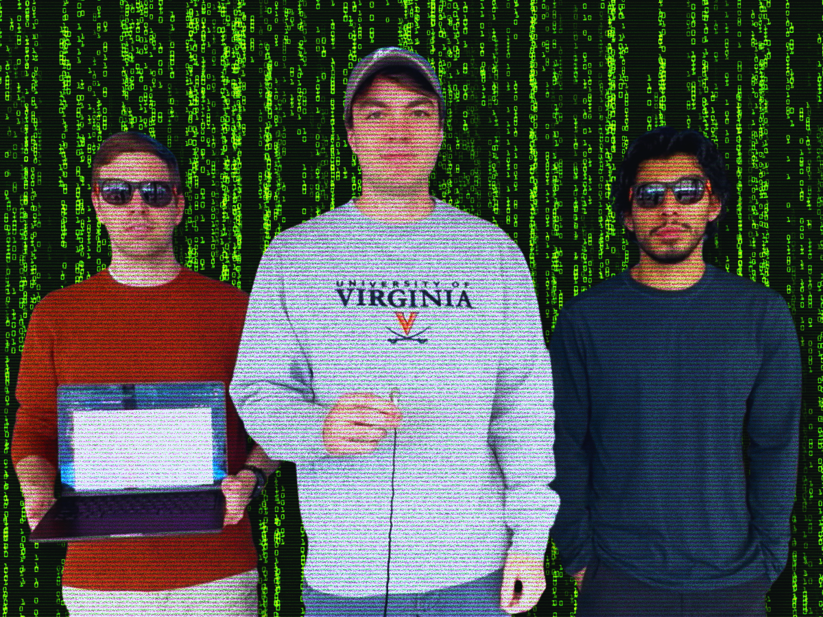 Three students stand in front of a green binary code background. Two wear sunglasses, one holds a computer and another holds a tiny microphone.